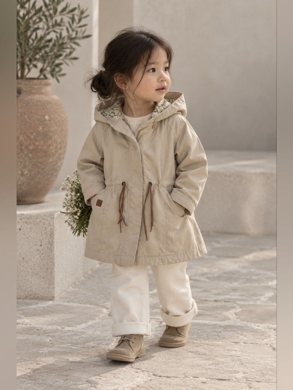 Zara Baby Girls Beige Hooded Parka Jacket Floral Lined 2-3Y
